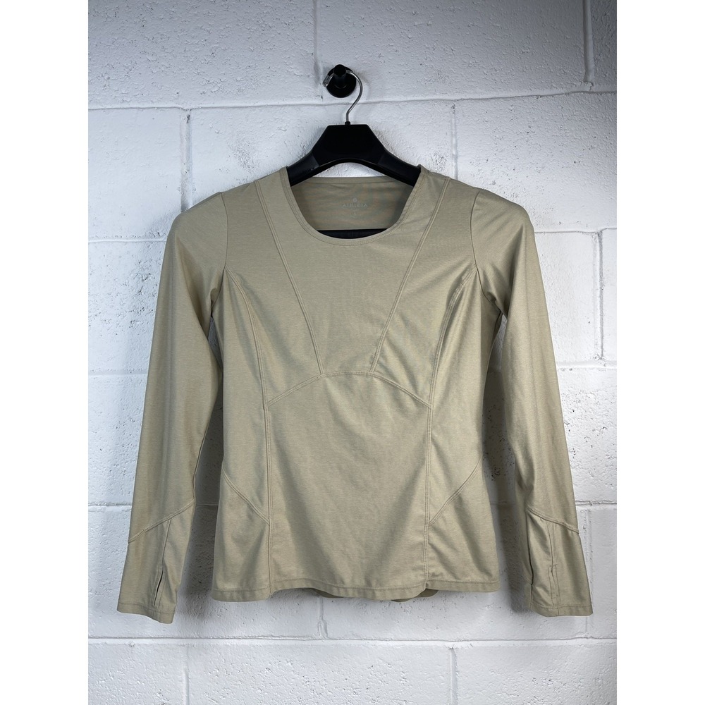 Athleta Canyon Lands 2 Long Sleeve Top S Small Beige Khaki Thumbhole Scoop Neck